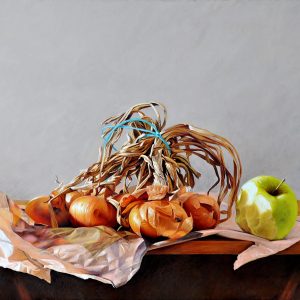 Cipolle e mela verde - olio su tela - cm 80 x 50
